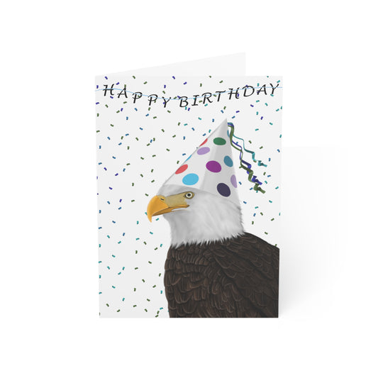 Birthday card with an eagle wearing a party hat and 'Happy Birthday' text on a white background.