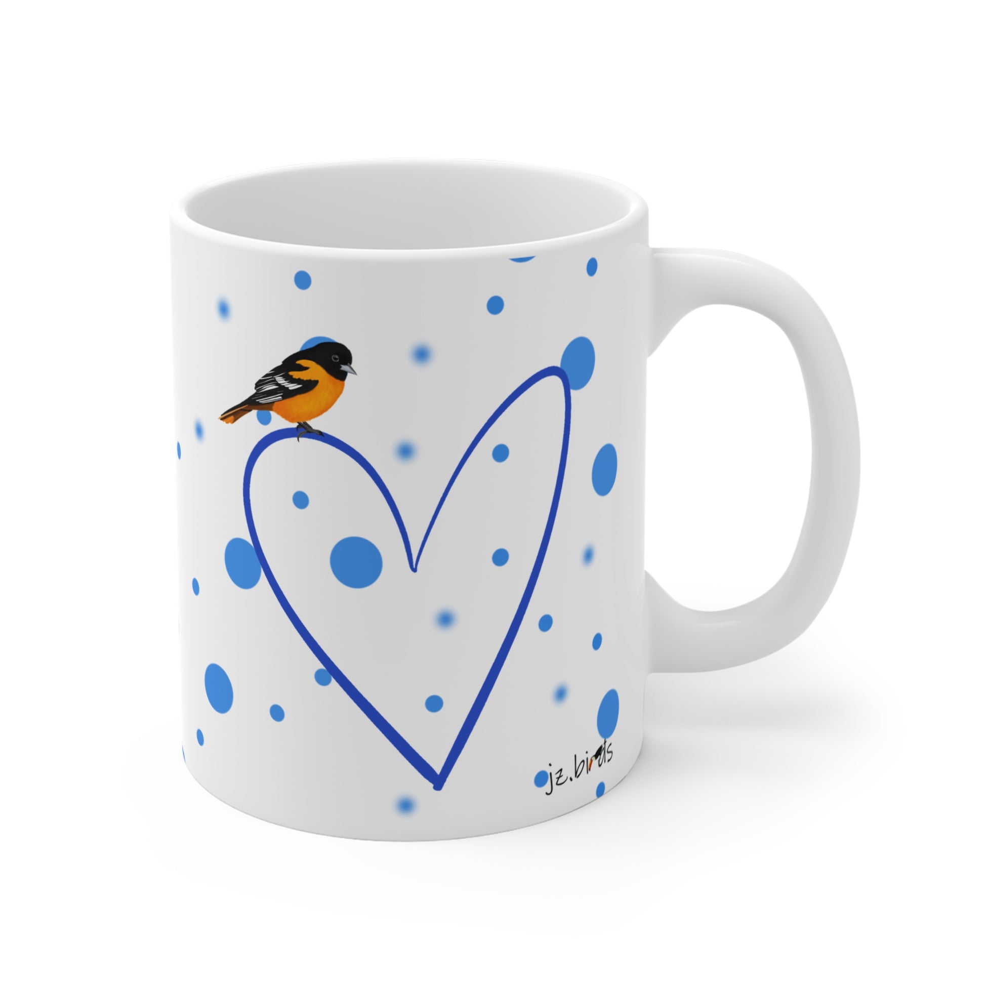 Baltimore Oriole Valentine's Day Bird Mug 11oz Blue Heart