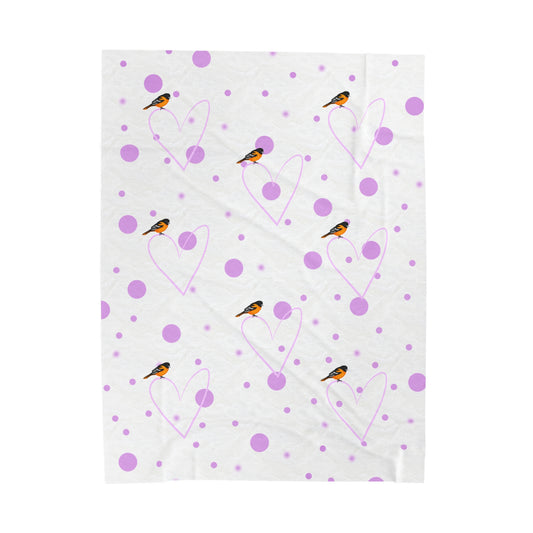 Baltimore Oriole Valentine's Day Bird Velveteen Plush Blanket Pink Hearts and Dots