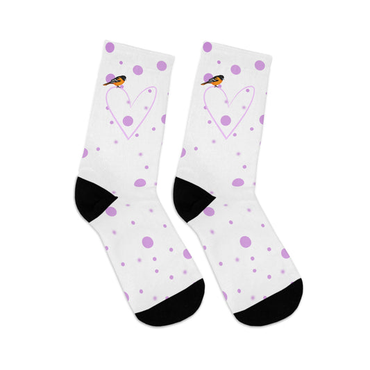 Baltimore Oriole Valentine's Day Pink Heart and Dots Bird Socks White