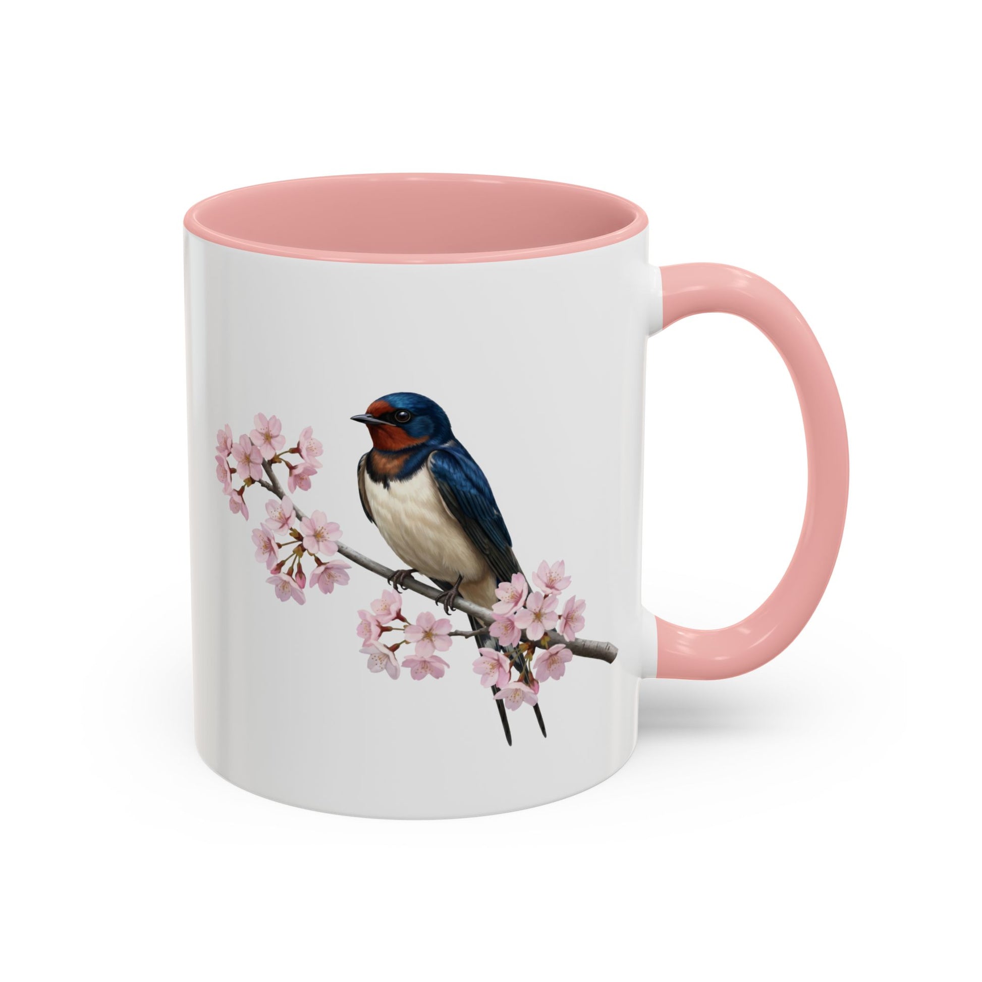 Barn Swallow Cherry Blossom Mug | Pink Ceramic Coffee Cup for Bird Lovers
