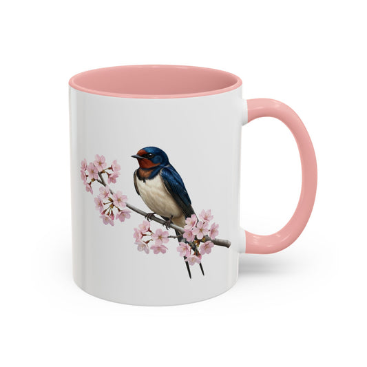 Barn Swallow Cherry Blossom Mug | Pink Ceramic Coffee Cup for Bird Lovers