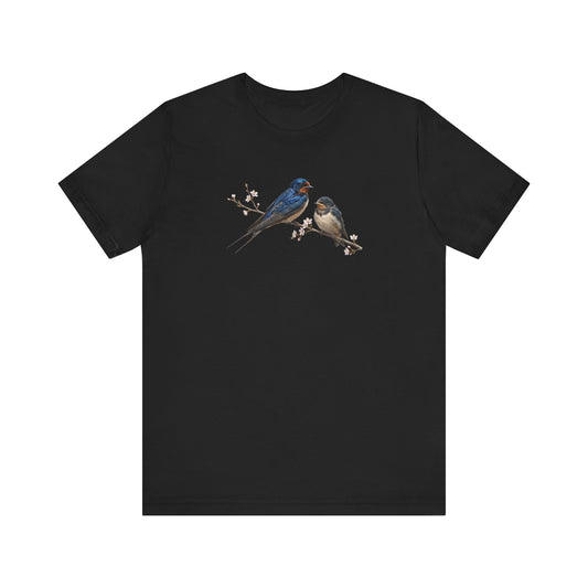 Barn Swallow & Fledgling T-Shirt | Spring Blossoms Unisex Graphic Tee