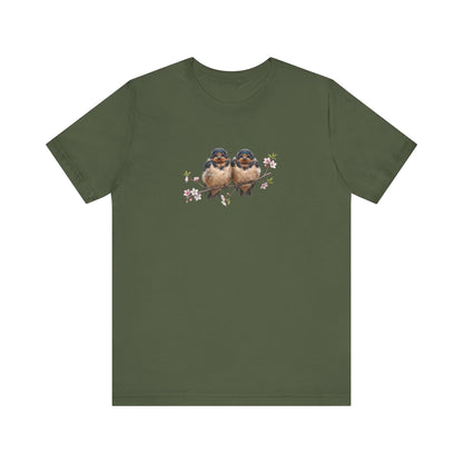Barn Swallow Fledgling T-Shirt | Spring Blossoms Unisex Graphic Tee for Bird Watchers