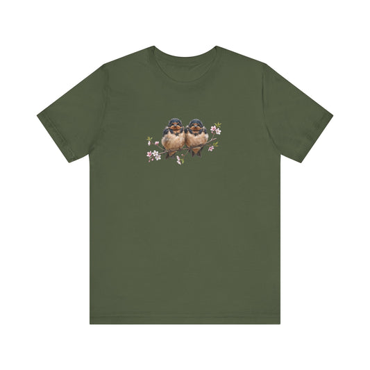 Barn Swallow Fledgling T-Shirt | Spring Blossoms Unisex Graphic Tee for Bird Watchers
