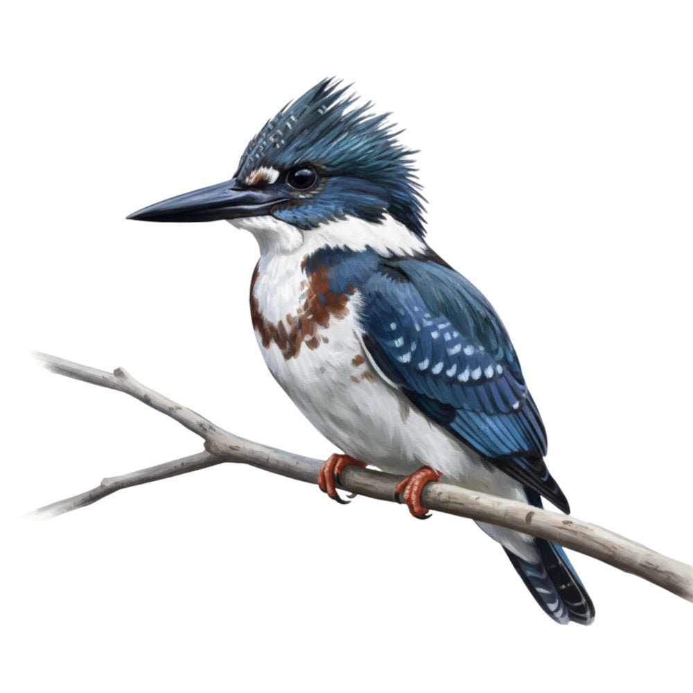 Blue and white belted kingfisher bird perched on a branch with a white background