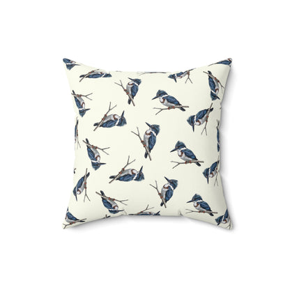Belted Kingfisher All-Over Pattern Throw Pillow Creamy White | Decorative Bird Art Home Decor