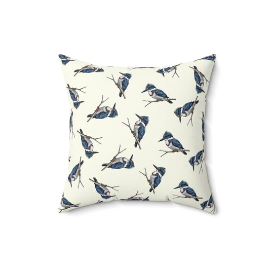 Belted Kingfisher All-Over Pattern Throw Pillow Creamy White | Decorative Bird Art Home Decor
