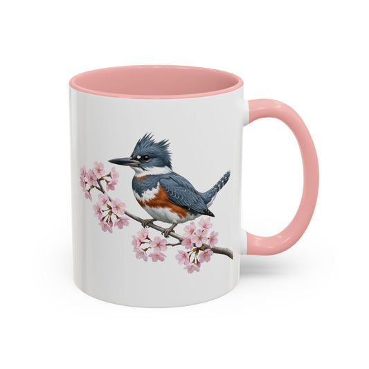 Belted Kingfisher Cherry Blossom Mug | Pink Ceramic Coffee Cup for Bird Lovers