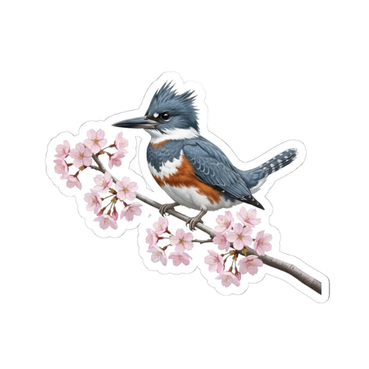 Belted Kingfisher Cherry Blossom Sticker | Glossy Floral Bird Decal | Spring Laptop Sticker