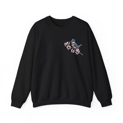 Belted Kingfisher Cherry Blossom Sweatshirt | Floral Bird Crewneck | Cozy Spring Pullover