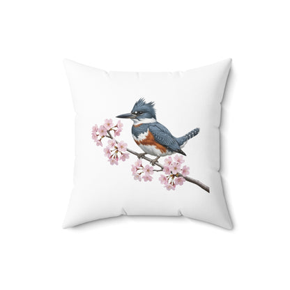 Belted Kingfisher Cherry Blossom Throw Pillow | White Floral Bird Accent Cushion