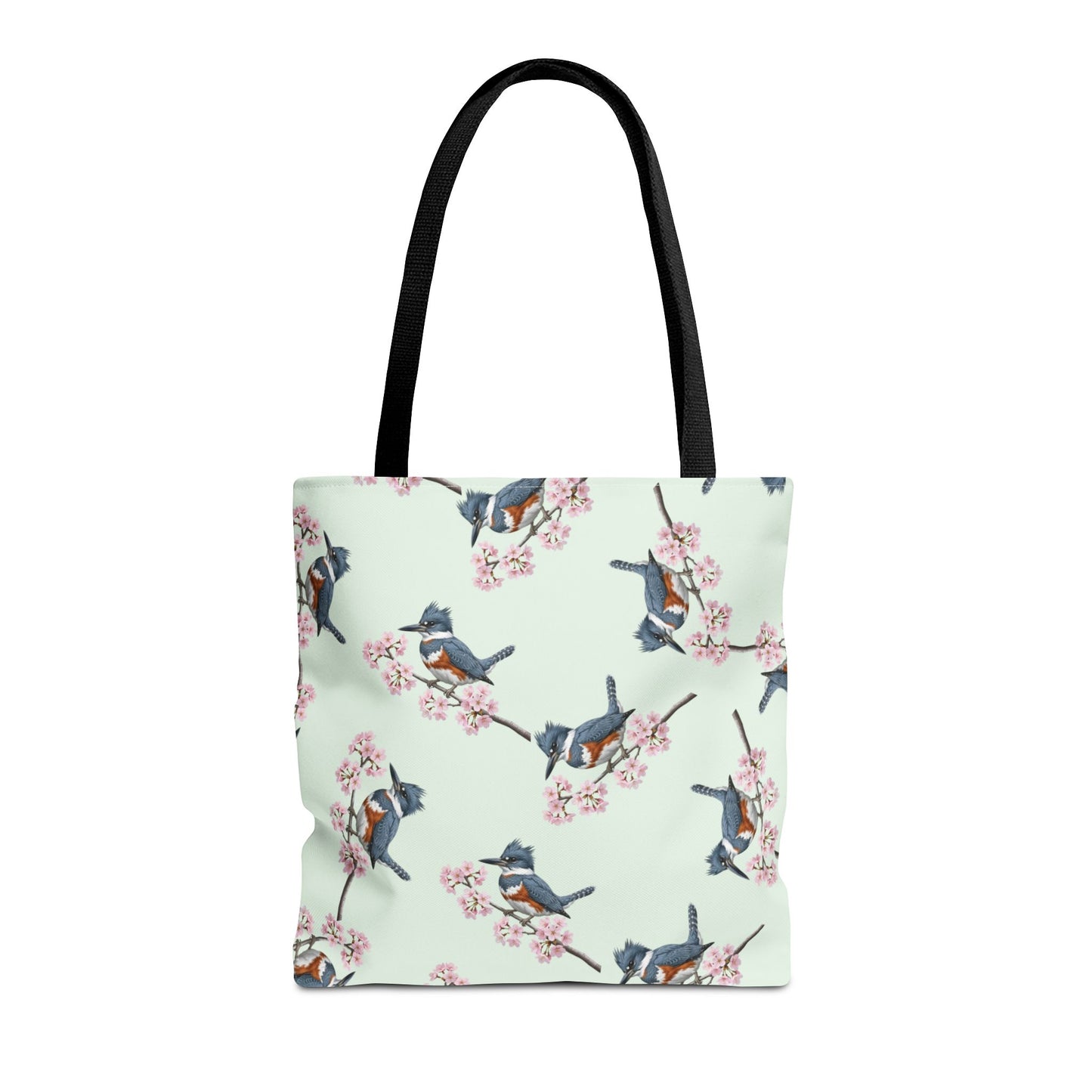 Tote bag with belted kingfisher bird and cherry blossom pattern on a light green background