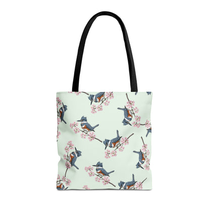 Tote bag with belted kingfisher bird and cherry blossom pattern on a light green background