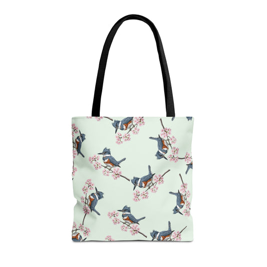 Tote bag with belted kingfisher bird and cherry blossom pattern on a light green background