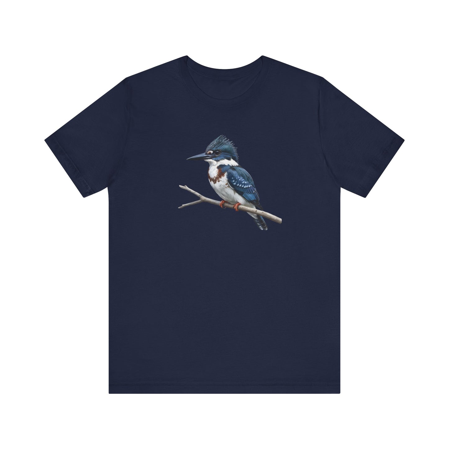 Navy blue t-shirt with a kingfisher design on a white background