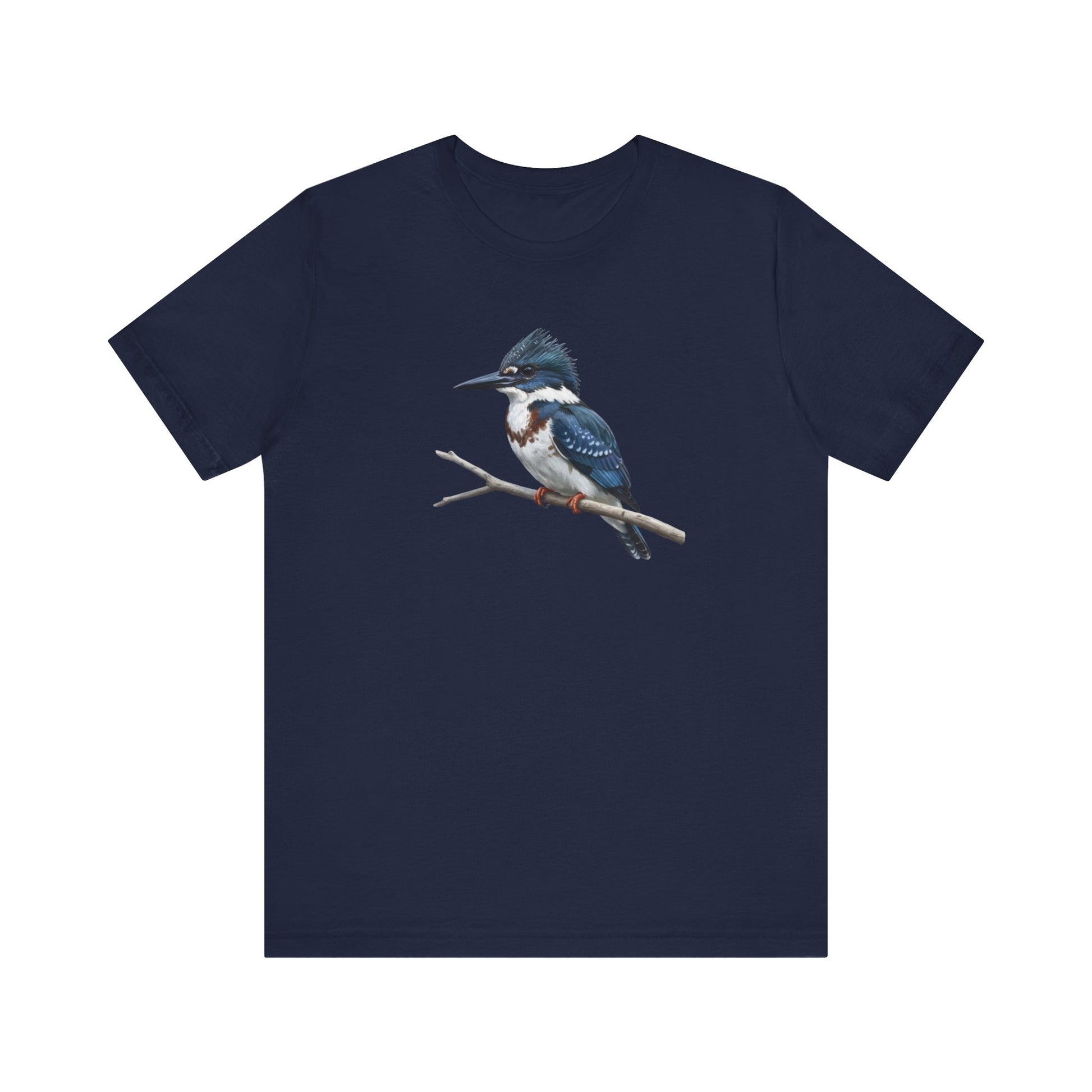 Navy blue t-shirt with a kingfisher design on a white background
