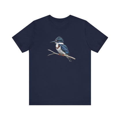Navy blue t-shirt with a kingfisher design on a white background