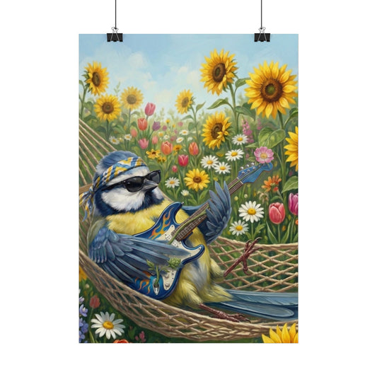 Bert Blaumeise in der Hängematte Kinderzimmer Poster  – Vogel & Gitarre Wandbild | Kinder Deko Blumenwiese