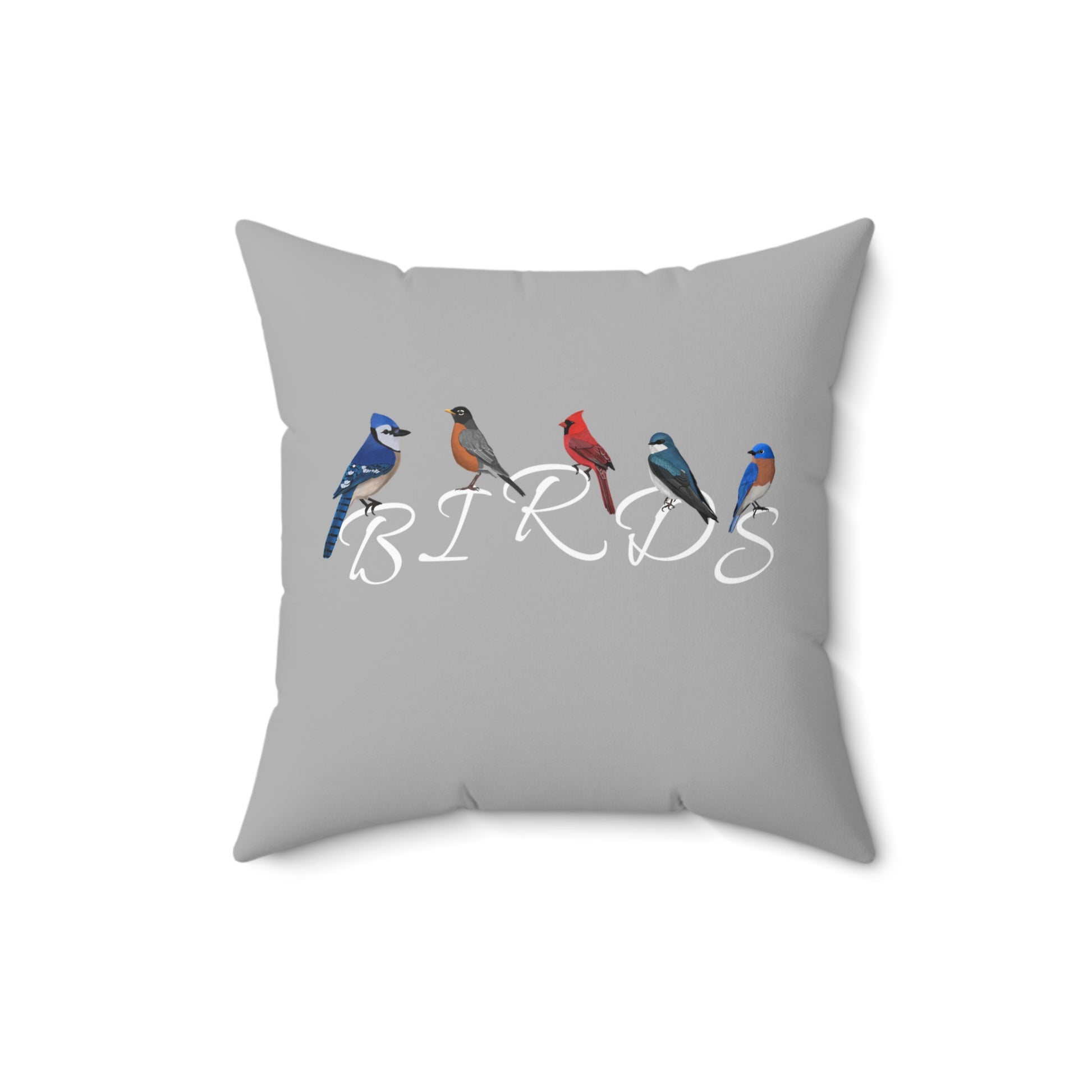 Birds Cardinal Blue Jay Bluebird Tree Swallow Robin Throw Pillow Grey
