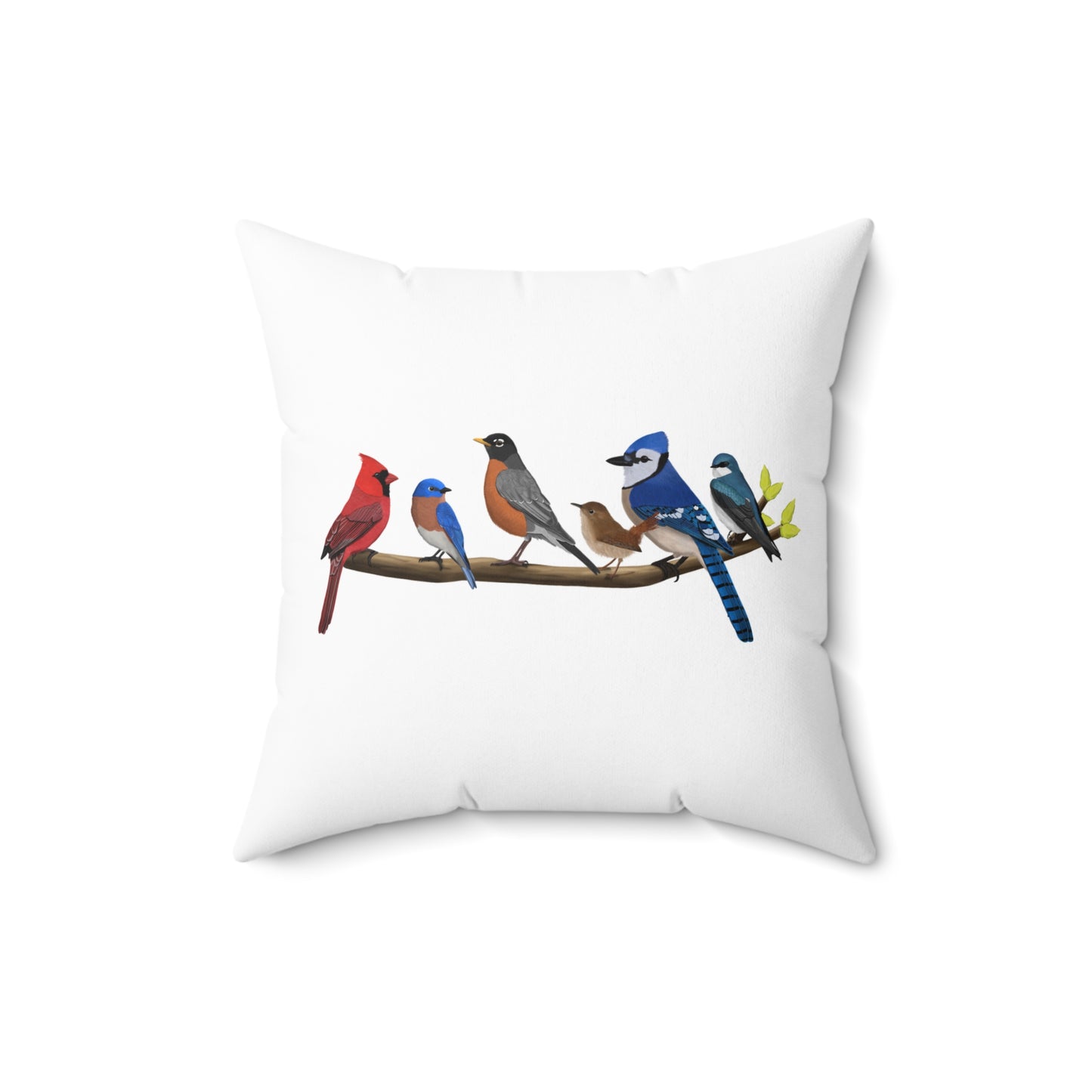 Birds on a Branch Cardinal Blue Jay Bluebird Tree Swallow Robin Wren Throw Pillow White