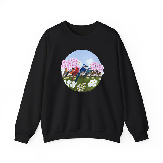 Birds on a Branch with Summer Flowers Sweatshirt Birding & Bird Watching Bird Lovers