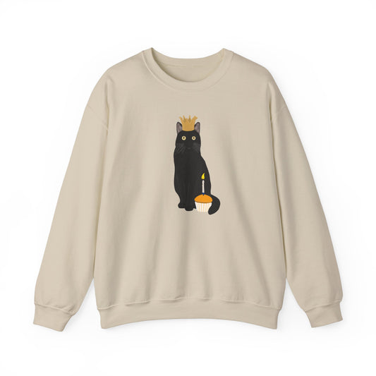 Black Birthday Cat with Muffin and Golden Crown Cat Lover Sweatshirt