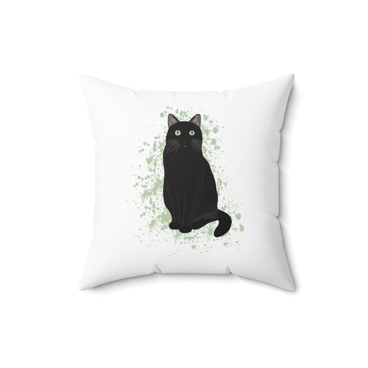 Black Cat Green Dots Cat Lover Pillow White