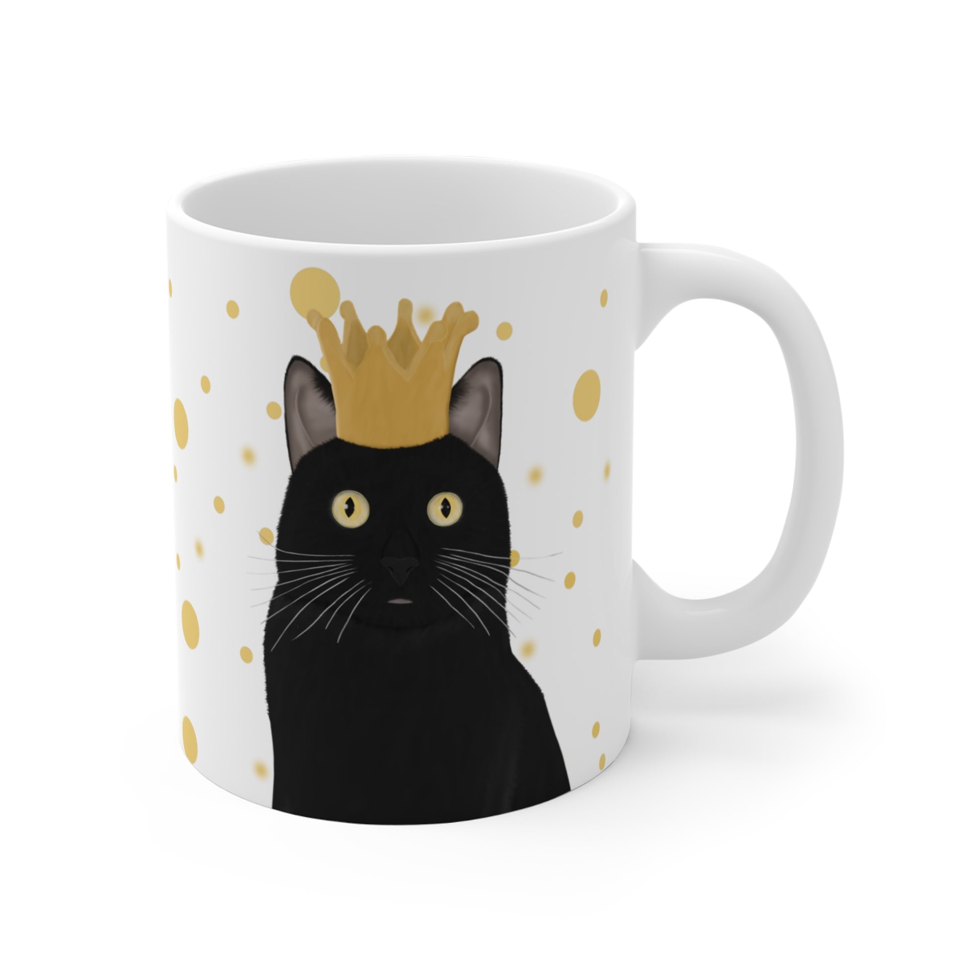 Black Cat with Crown Cat Lovers Ceramic Mug White Golden Dots