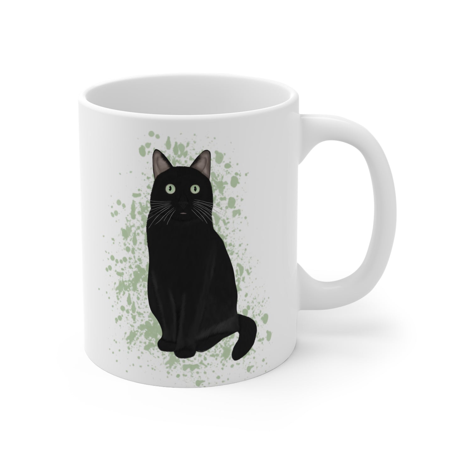 Black Cat with Green Eyes Cat Lover Ceramic Mug White