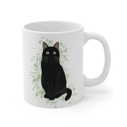 Black Cat with Green Eyes Cat Lover Ceramic Mug White