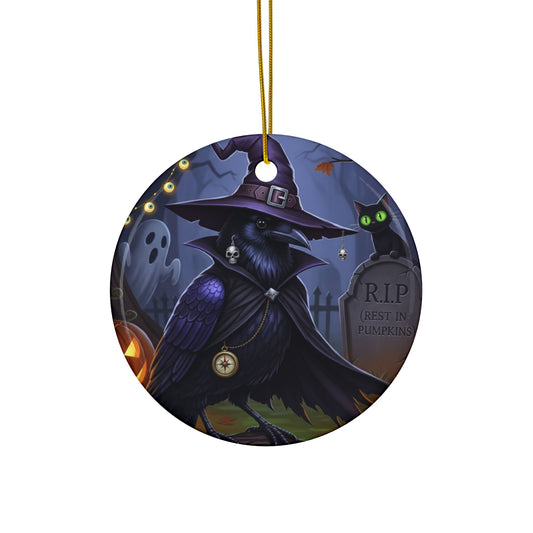 Black Crow Ceramic Bird Halloween Ornament | Double-Sided Spooky Decor