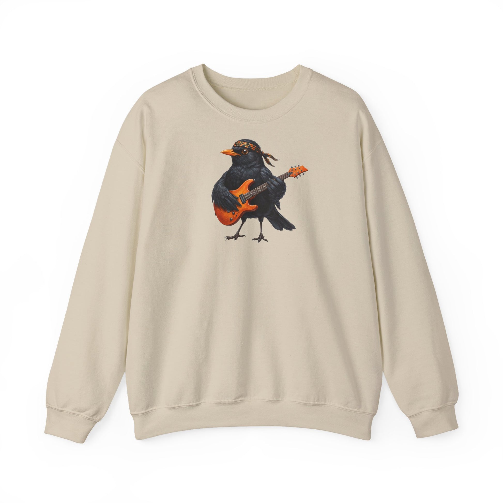amsel mit orangener gitarre auf einem sweatshirt in der farbe sand
