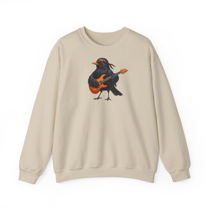 amsel mit orangener gitarre auf einem sweatshirt in der farbe sand