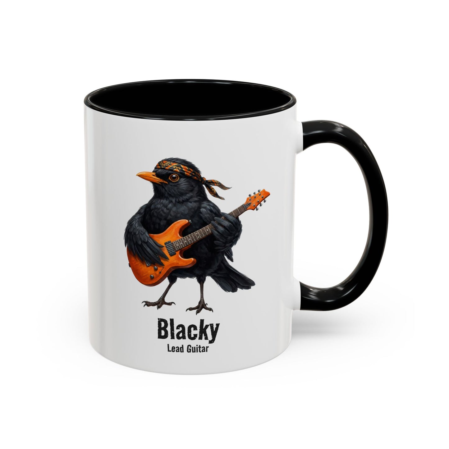 Mug with a black bird playing a guitar design and 'Blacky' text on a white background