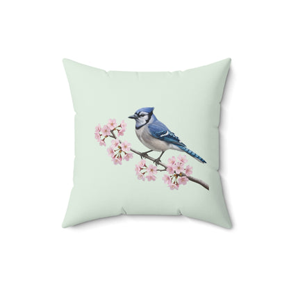 Blauhäher Kissen mit Kirschblüten in Salbeigrün | Dekokissen 40x40 mit Vogelmotiv