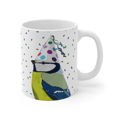 Blaumeise feiert Geburtstag mit Partyhut und Konfetti Vogel Tasse