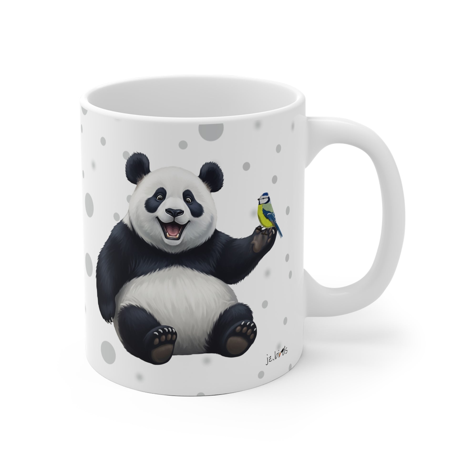 Blaumeise mit einem fröhlichen Panda Vogel Tiermotiv Tasse Punkte Grau