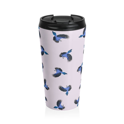 Blue Jay All Over Pattern Travel Tumbler Light Pink | 15oz Birdwatching Coffee Mug