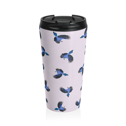 Blue Jay All Over Pattern Travel Tumbler Light Pink | 15oz Birdwatching Coffee Mug