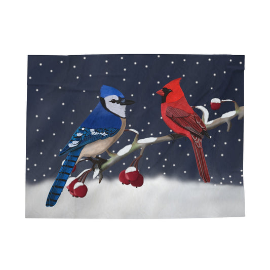 Blue Jay Cardinal Bird Christmas Winter Branch Velveteen Plush Blanket