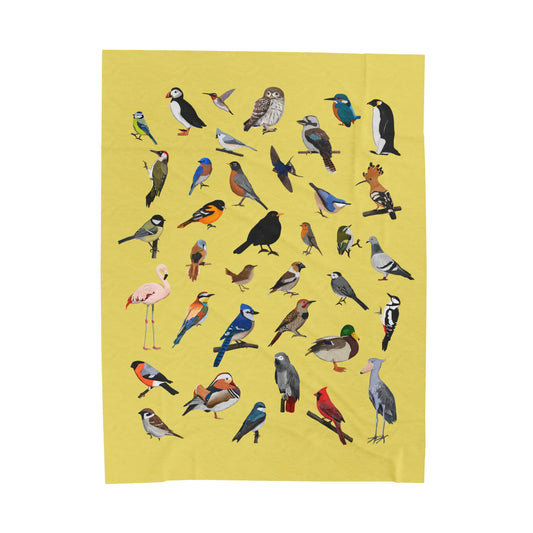 Blue Jay Cardinal Robin Bluebird Hummingbird Oriole Backyard Birds Velveteen Plush Blanket Yellow