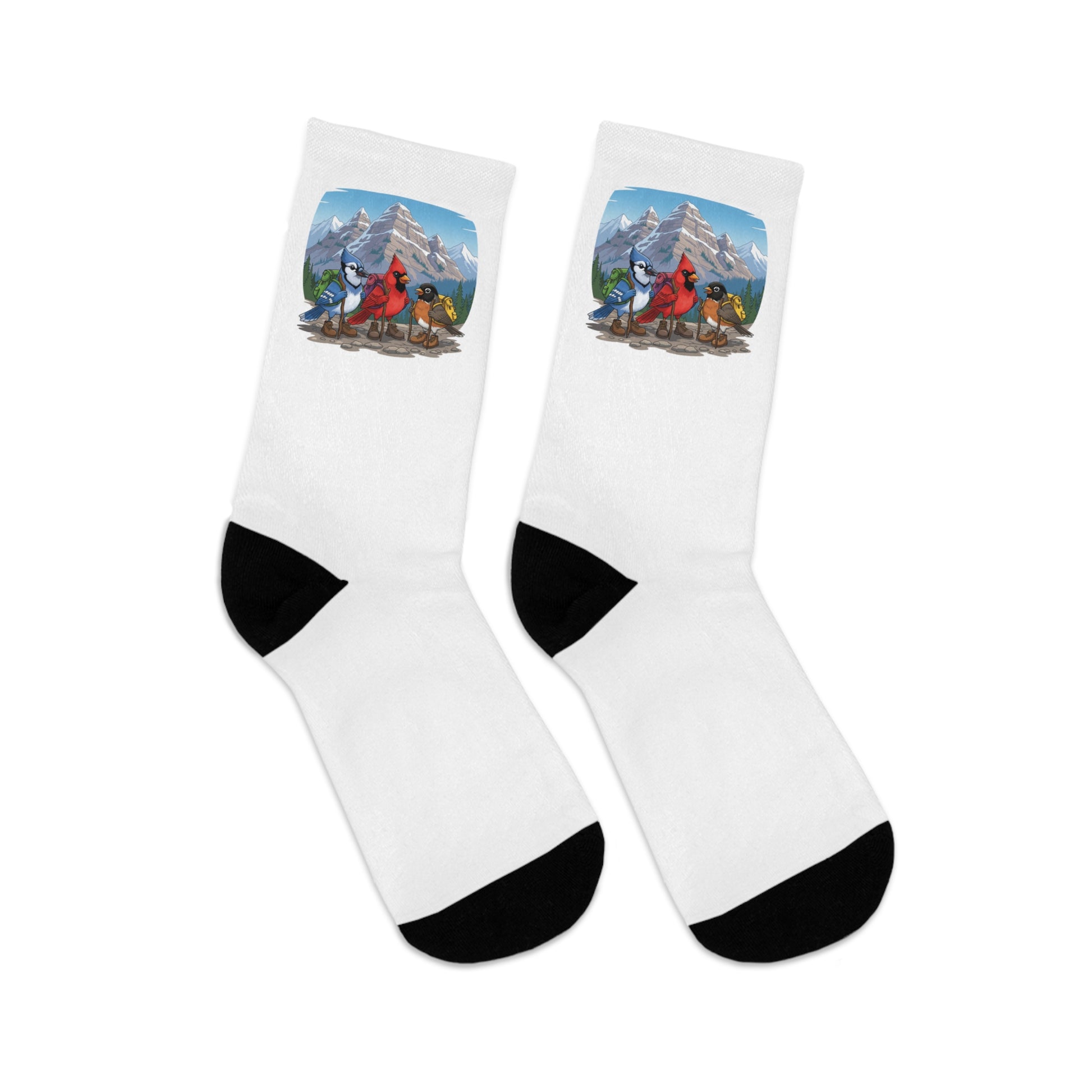 Blue Jay Cardinal Robin on a Hike Bird Socks White for Bird and Hiking Lovers One Size