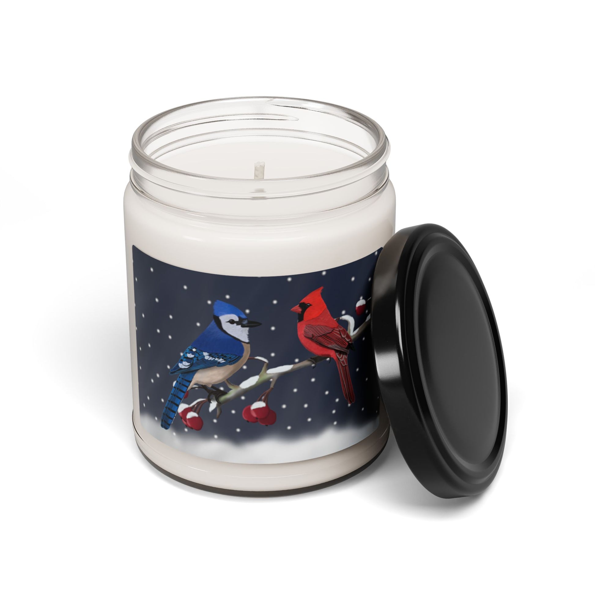 Blue Jay Cardinal on a Winter Branch Christmas Bird Art Scented Soy Candle, 9oz