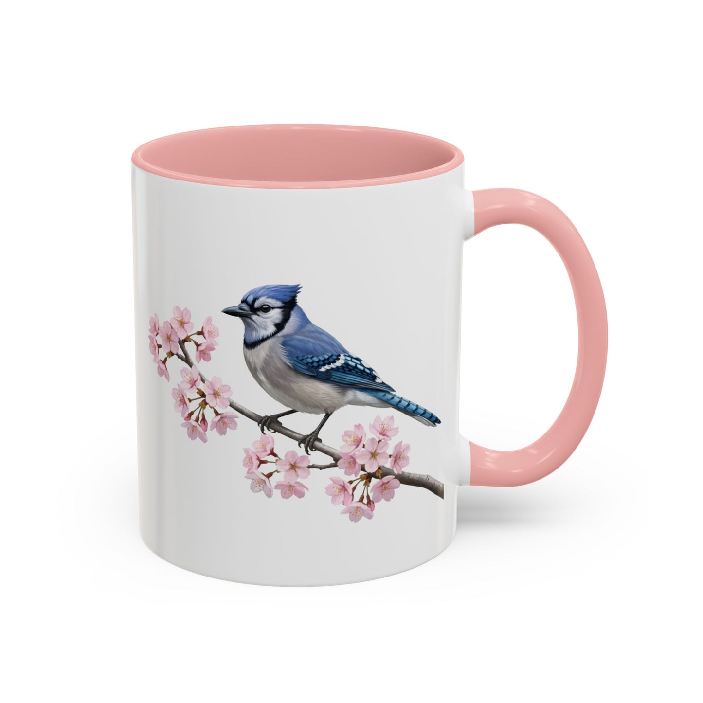 Blue Jay Cherry Blossom Mug | Pink Ceramic Coffee Cup for Bird Lovers