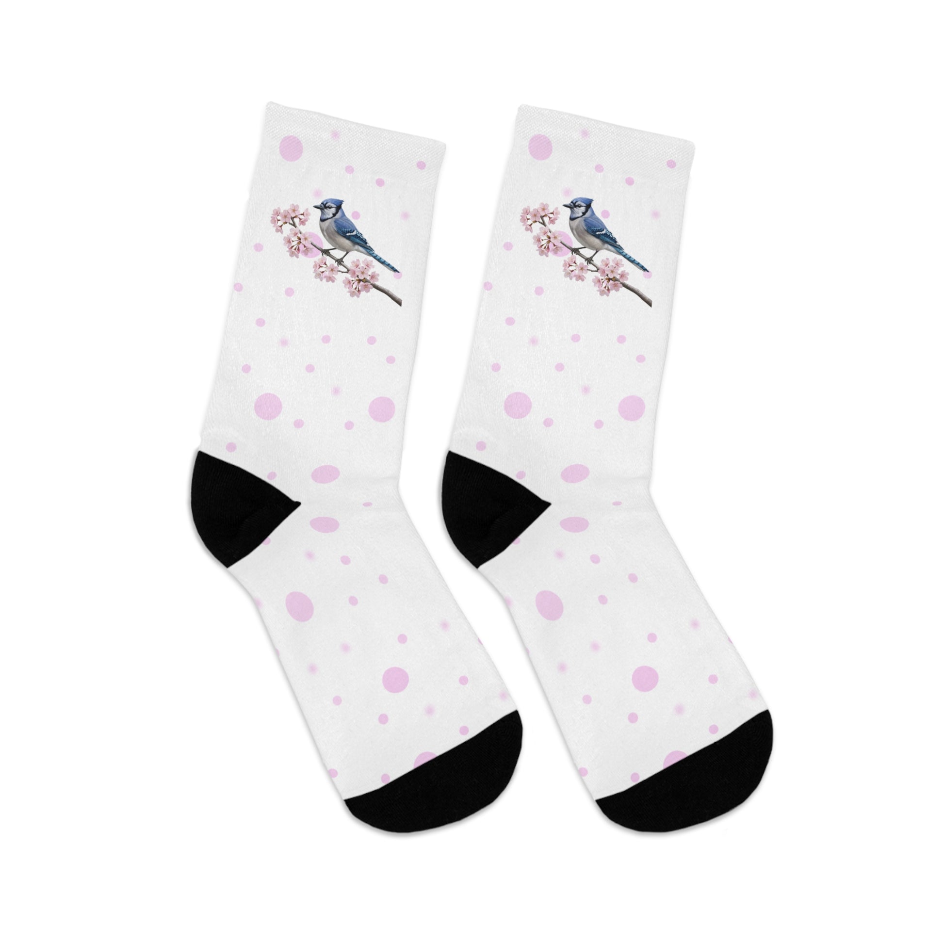 Blue Jay Cherry Blossom Socks White | Floral Birdwatching Gift