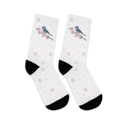 Blue Jay Cherry Blossom Socks White | Floral Birdwatching Gift