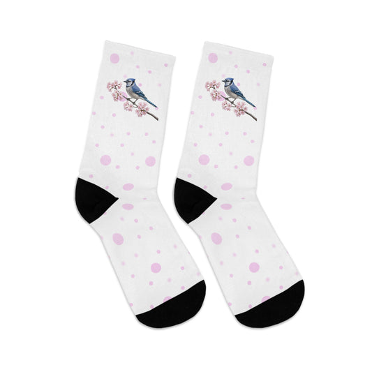 Blue Jay Cherry Blossom Socks White | Floral Birdwatching Gift