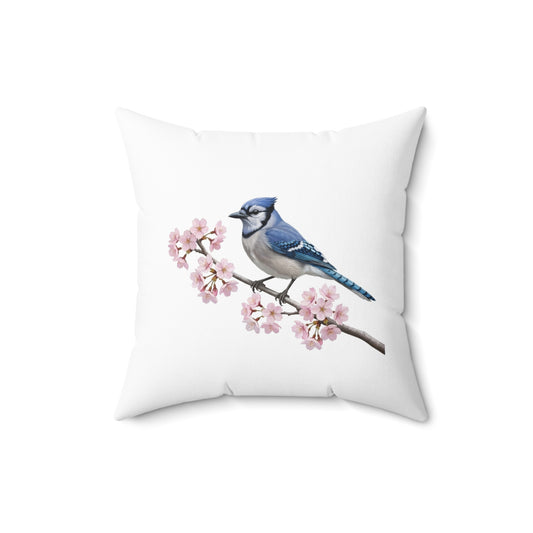Blue Jay Cherry Blossom Throw Pillow | White Floral Bird Accent Cushion