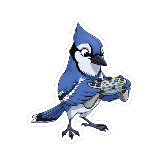 Blue Jay Playing Video Games Kiss-Cut Sticker for Bird Watchers and Gaming Lovers